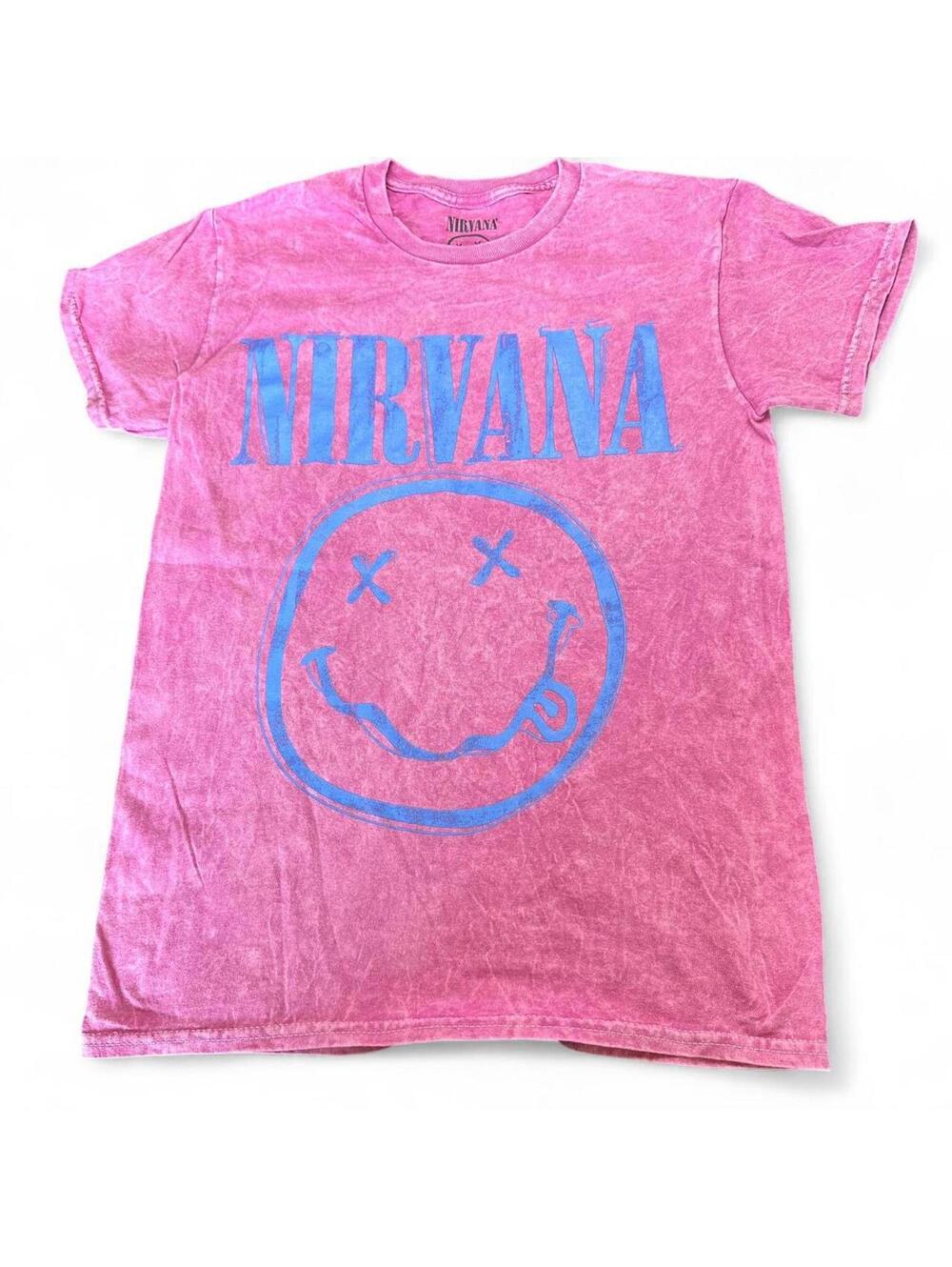 Nirvana Pink Graphic T-Shirt with Blue Logo and Smiley Face